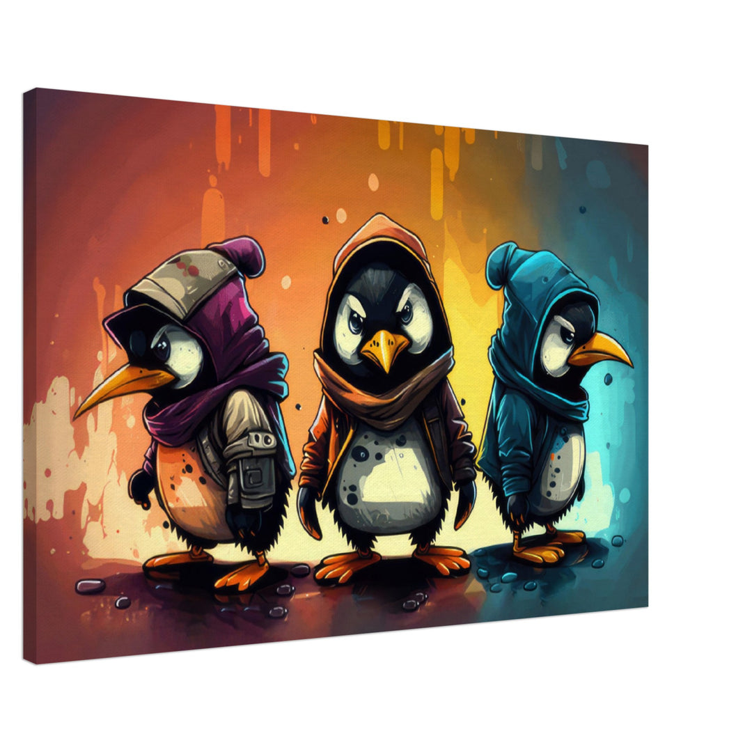 Tuxedo Troop - Pinguine Wandbild - Crazy Wildlife Leinwand Cartoon Style im Querformat - Coole Tiere & Animals Kunstdruck