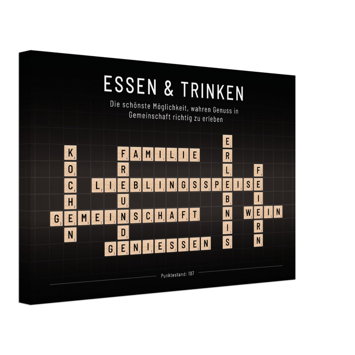 Essen & Trinken - Crossword-Wandbild - Leinwand Schwarzgrau Neutral im Querformat - Typografie Worte Scrabble Brettspiel Sprache Leben Alltag