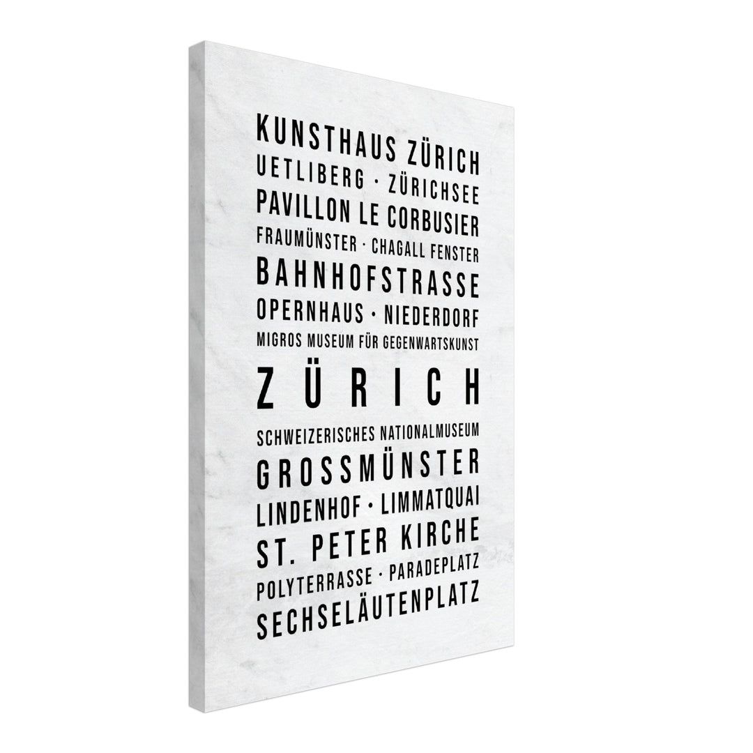 Zürich - Typografie-Wandbild - Leinwand Weiss Marmoroptik