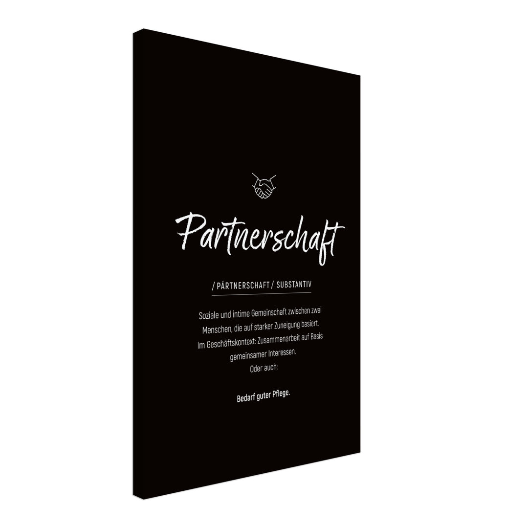 Partnerschaft - Wortdefinition-Wandbild - Leinwand Schwarzgrau Neutral im Hochformat - Typografie Worte Sprache Leben Alltag