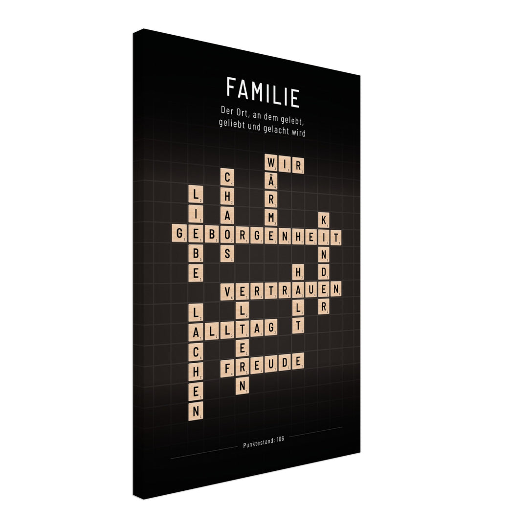 Familie - Crossword-Wandbild - Leinwand Schwarzgrau Neutral im Hochformat - Typografie Worte Scrabble Brettspiel Sprache Leben Alltag