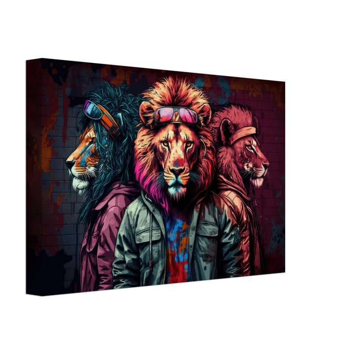 Cool Lions - Löwen Wandbild - Crazy Wildlife Leinwand Cartoon Style im Querformat - Coole Tiere & Animals Kunstdruck
