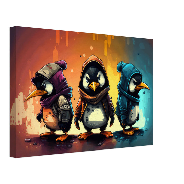 Tuxedo Troop - Pinguine Wandbild - Crazy Wildlife Leinwand Cartoon Style im Querformat - Coole Tiere & Animals Kunstdruck