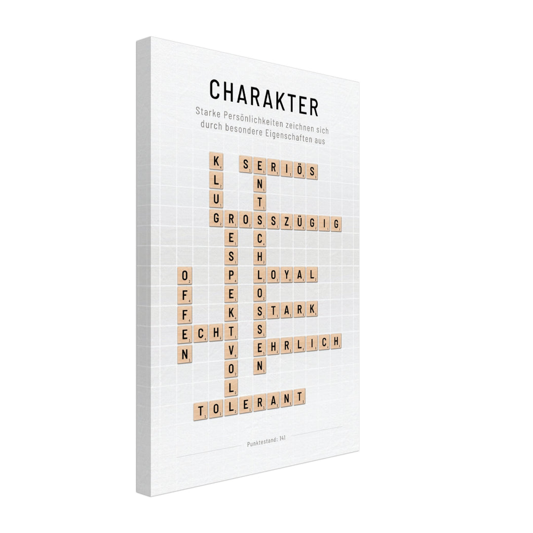 Charakter - Crossword-Wandbild - Leinwand Weiss Neutral im Hochformat - Typografie Worte Scrabble Brettspiel Sprache Leben Alltag