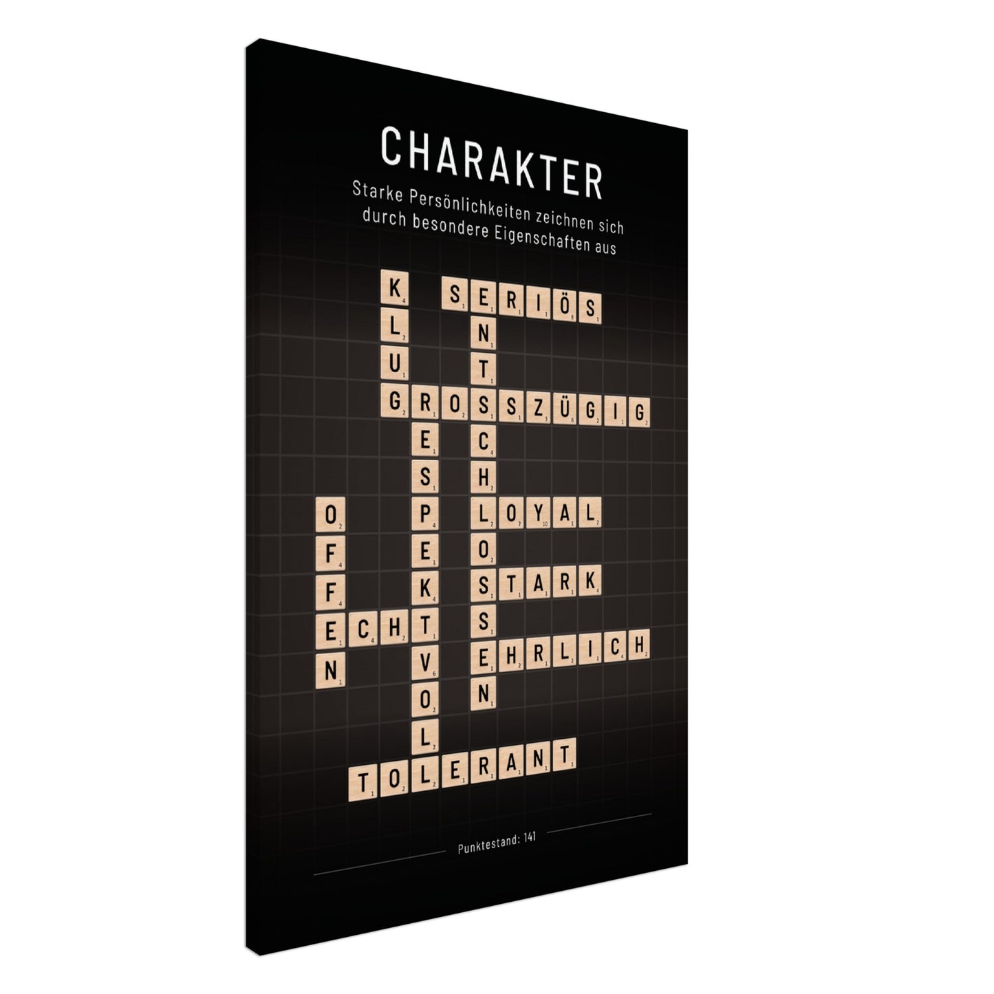 Charakter - Crossword-Wandbild - Leinwand Schwarzgrau Neutral im Hochformat - Typografie Worte Scrabble Brettspiel Sprache Leben Alltag