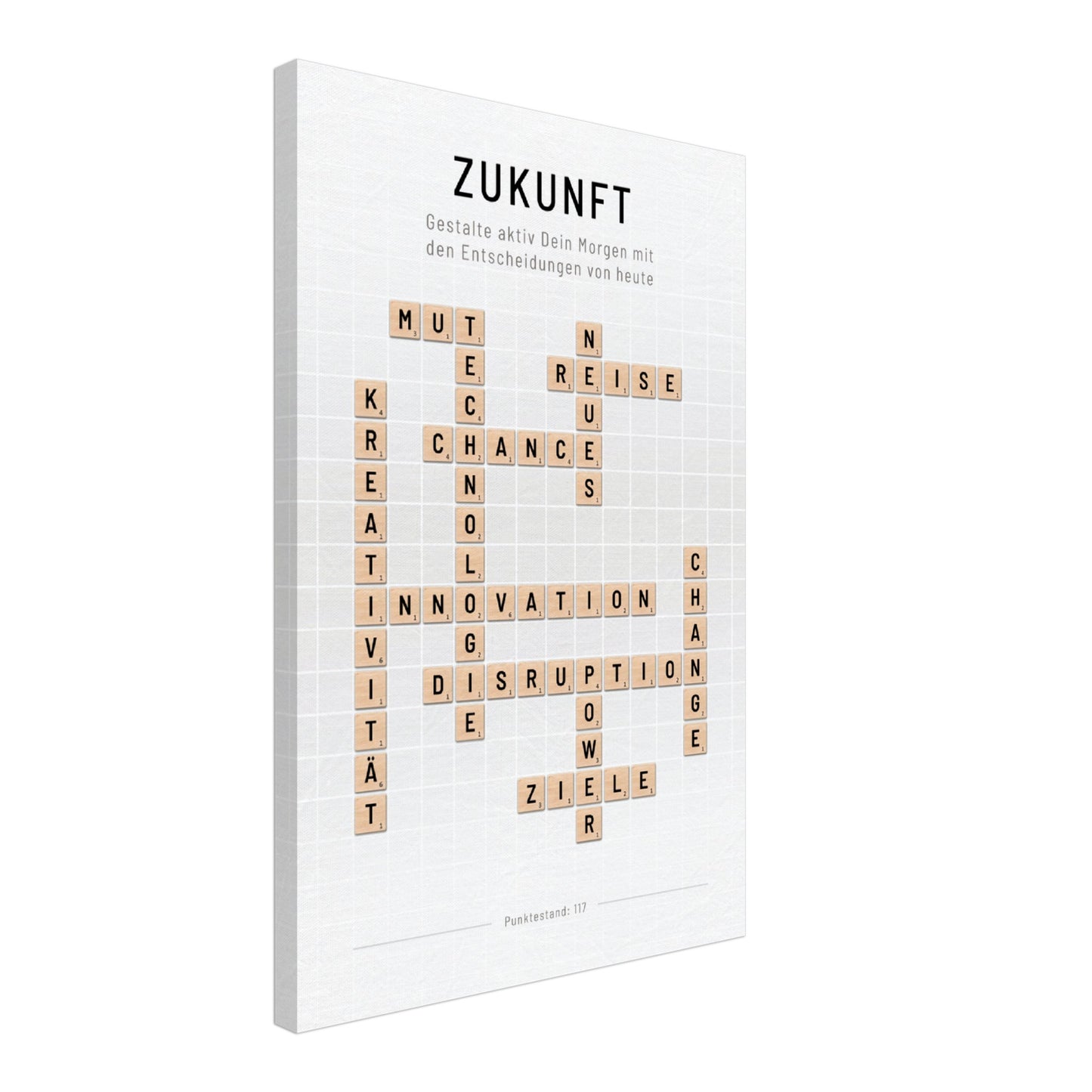 Zukunft - Crossword-Wandbild - Leinwand Weiss Neutral im Hochformat - Typografie Worte Scrabble Brettspiel Sprache Business Job
