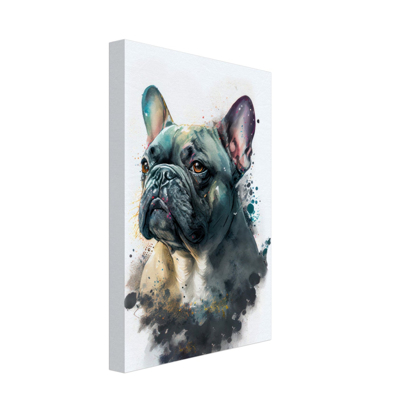 Französische Bulldoge Milo - Hunde Wandbild - Dogs Art Leinwand WaterColors im Hochformat - Hundebilder Hundeportrait Tiere Tierbilder Kunstdruck Aquarell