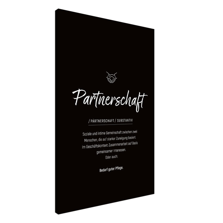 Partnerschaft - Wortdefinition-Wandbild - Leinwand Schwarzgrau Neutral im Hochformat - Typografie Worte Sprache Leben Alltag