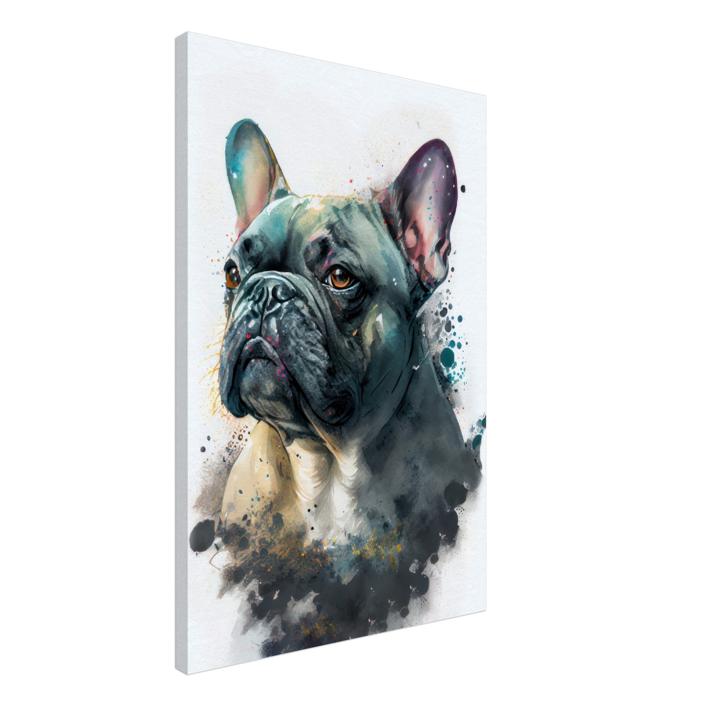 Französische Bulldoge Milo - Hunde Wandbild - Dogs Art Leinwand WaterColors im Hochformat - Hundebilder Hundeportrait Tiere Tierbilder Kunstdruck Aquarell