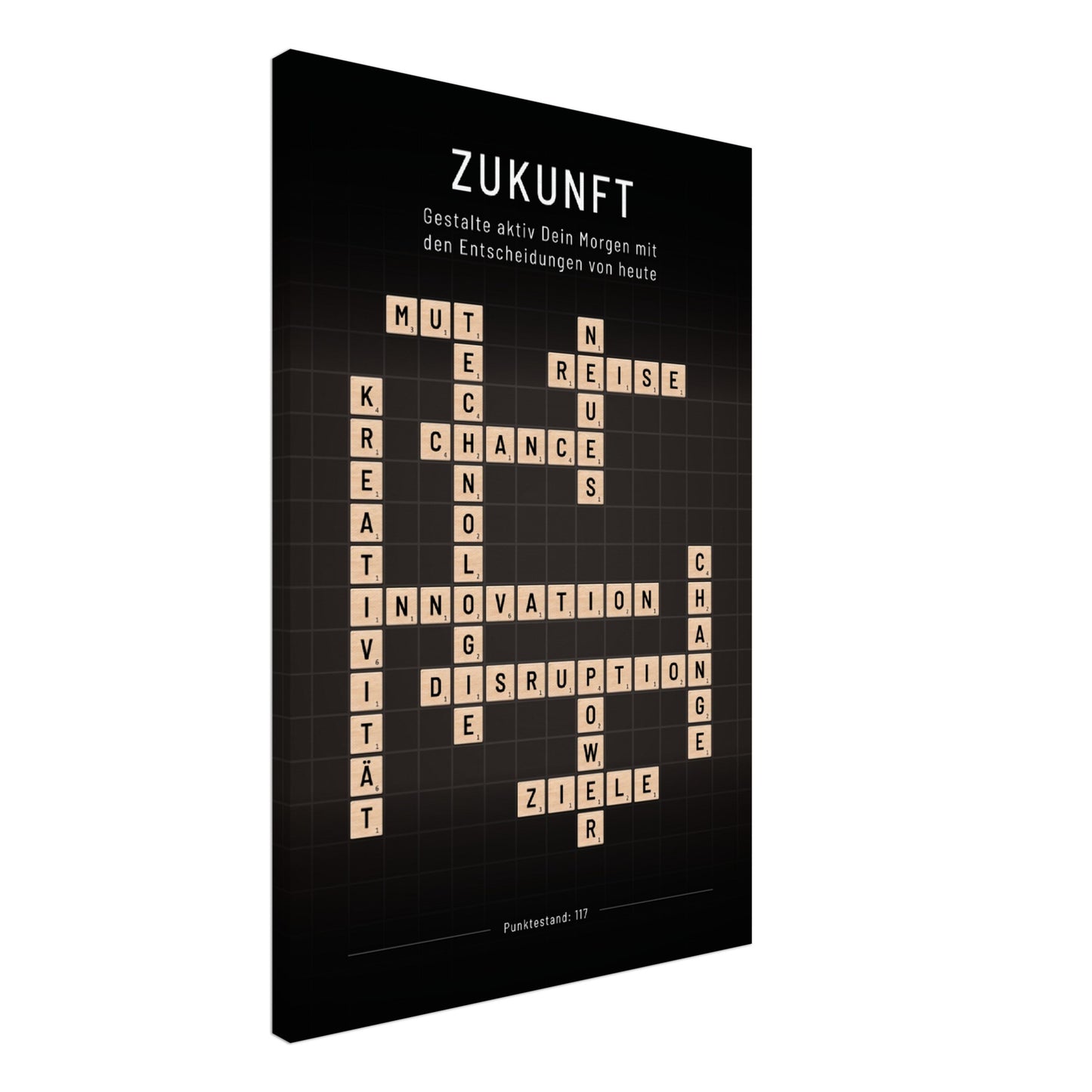 Zukunft - Crossword-Wandbild - Leinwand Schwarzgrau Neutral im Hochformat - Typografie Worte Scrabble Brettspiel Sprache Business Job
