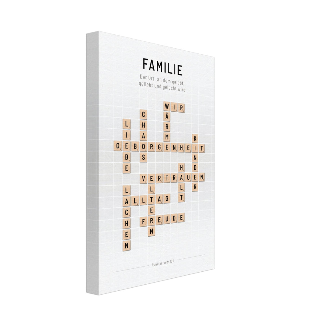 Familie - Crossword-Wandbild - Leinwand Weiss Neutral im Hochformat - Typografie Worte Scrabble Brettspiel Sprache Leben Alltag