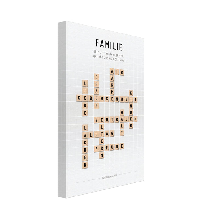 Familie - Crossword-Wandbild - Leinwand Weiss Neutral im Hochformat - Typografie Worte Scrabble Brettspiel Sprache Leben Alltag