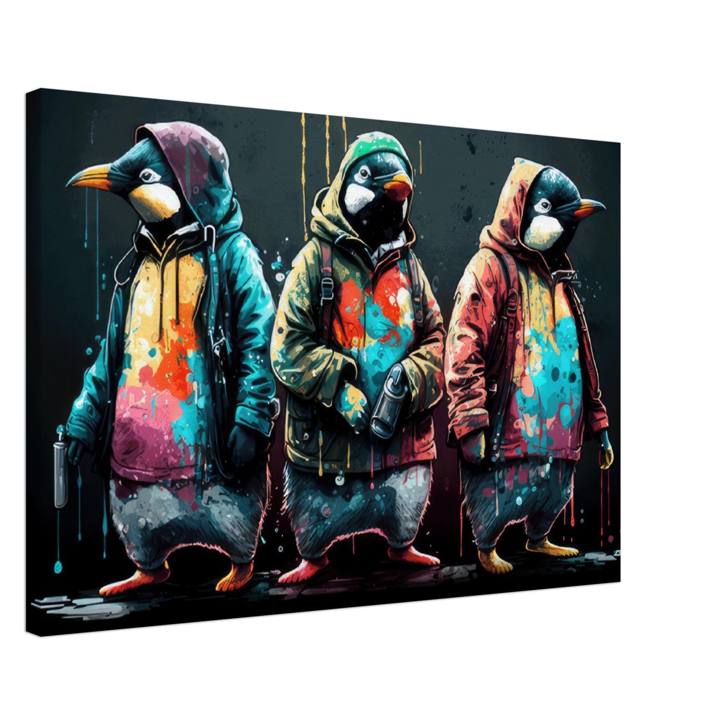Frosty Friends - Pinguine Wandbild - Crazy Wildlife Leinwand ColorWorld im Querformat - Coole Tiere & Animals Kunstdruck