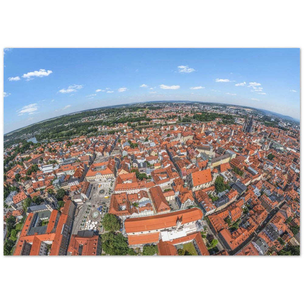 Regensburg mit Fontänen am Bismarckplatz, Theater und St. Blasius – Poster Seidenmatt Panorama – Regensburg – ohne Rahmen