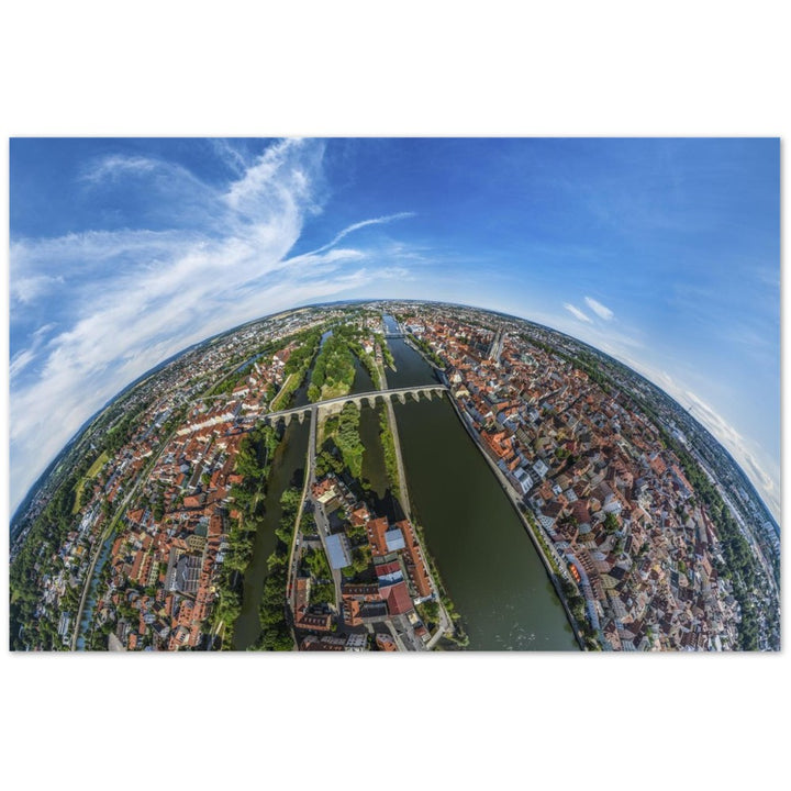 Regensburg mit Donau, Steinerne Brücke und Jahninsel – Poster Seidenmatt Panorama – Regensburg – ohne Rahmen