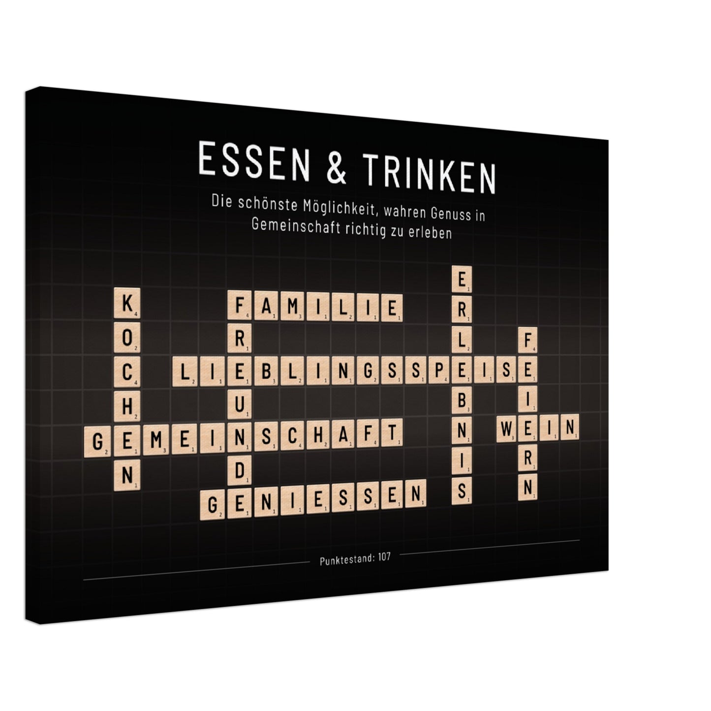 Essen & Trinken - Crossword-Wandbild - Leinwand Schwarzgrau Neutral im Querformat - Typografie Worte Scrabble Brettspiel Sprache Leben Alltag