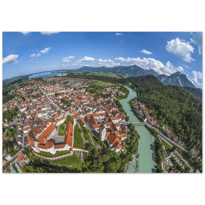 Füssen mit historischer Altstadt, Hohes Schloss, Kloster St. Mang, Lech, Kalvarienberg und Forggensee – Poster Seidenmatt Panorama – Füssen – ohne Rahmen
