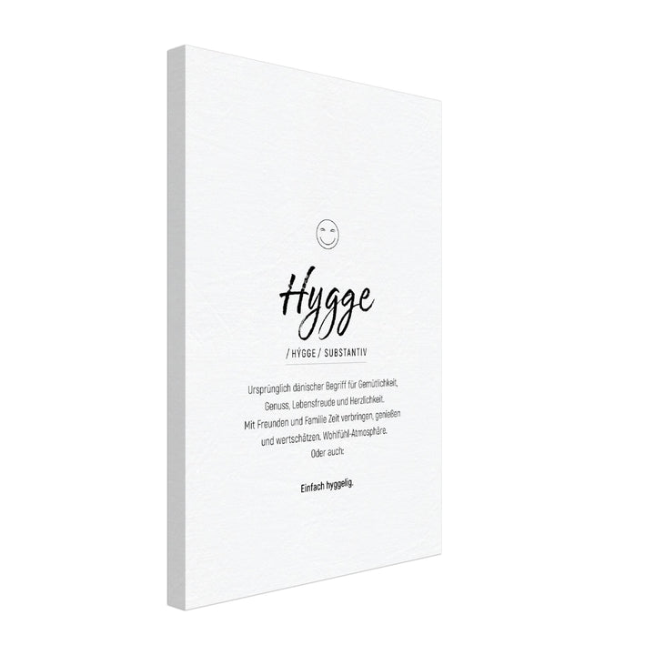 Hygge - Wortdefinition-Wandbild - Leinwand Weiss Neutral im Hochformat - Typografie Worte Sprache Leben Alltag